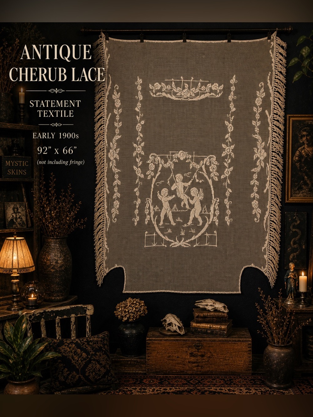 Antique Cream Filet Lace Bedspread Cherub Motif Edwardian 92x66